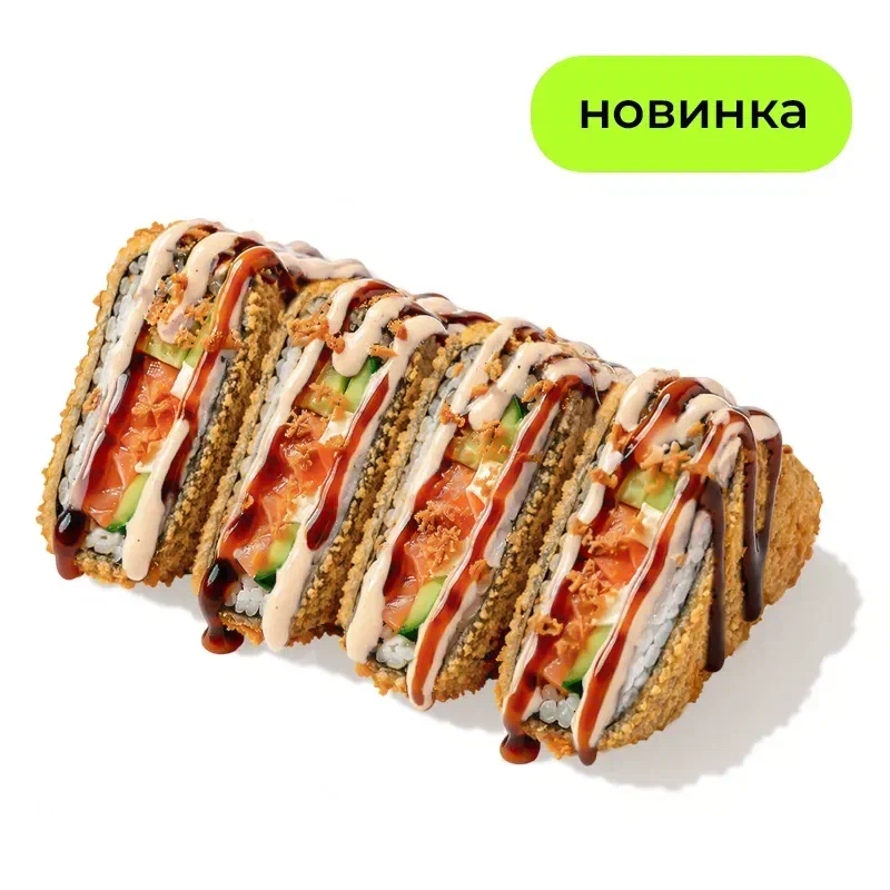 Суши тако с лососем терияки - Лосось терияки, хрустящий огурчик, сливочный сыр, темпура, японский майонез, соус унаги и жареный лук