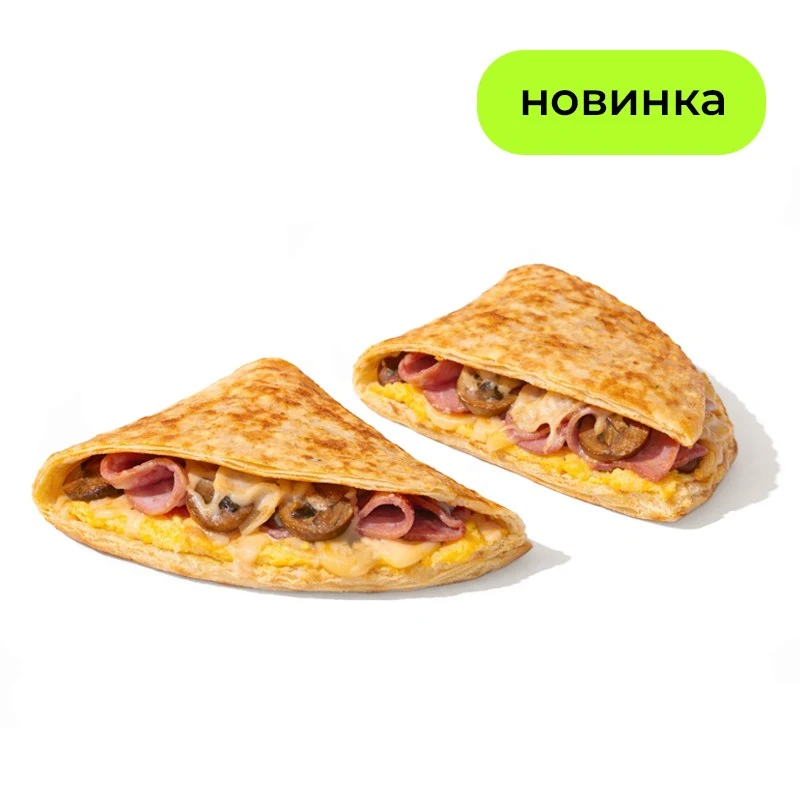 Роти-омлет Ветчина и грибы - Ветчина, моцарелла, омлет, шампиньоны и лепешка роти. Выбирайте свой формат: в коробке — можно поделиться, в конверте — для перекуса на ходу