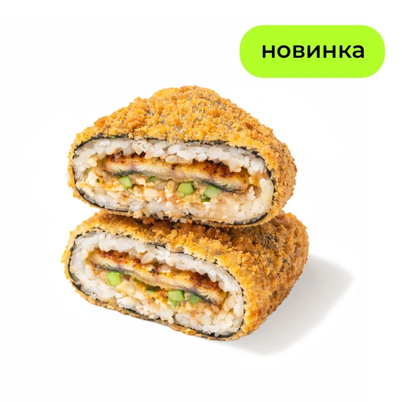 Онигири темпура с угрем - Жареный угорь, хрустящий огурчик, соус унаги, кунжут, рис, нори и кляр