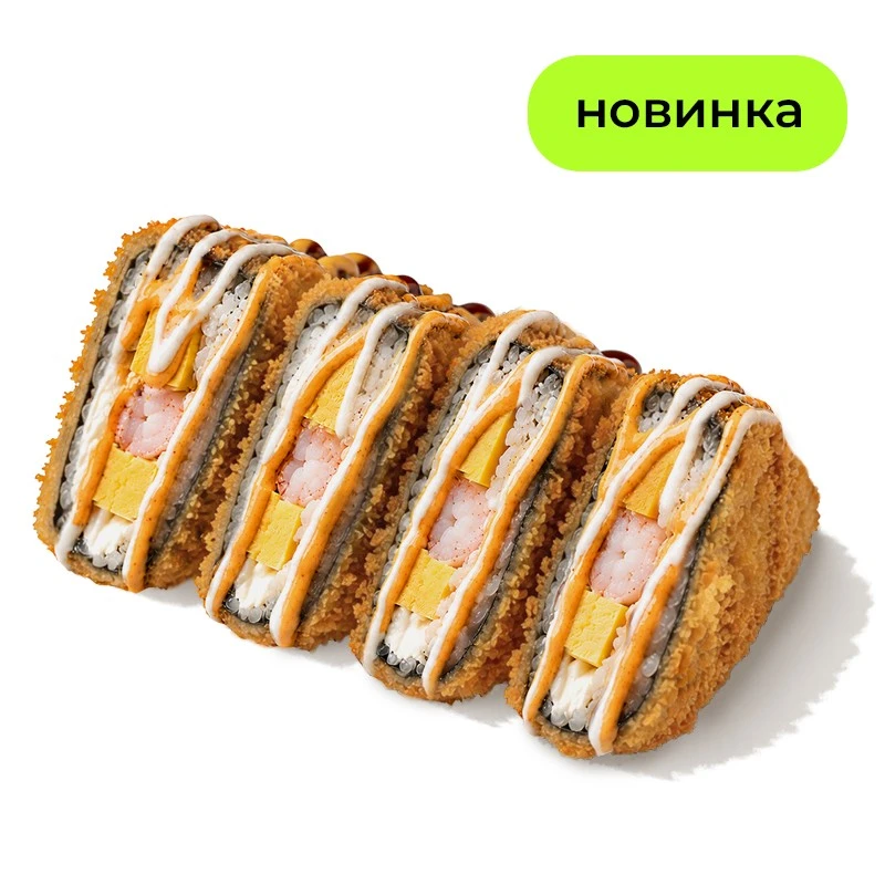 Суши тако с креветками - Креветки гриль, сливочный сыр, омлет, темпура, японский майонез и соус том ям